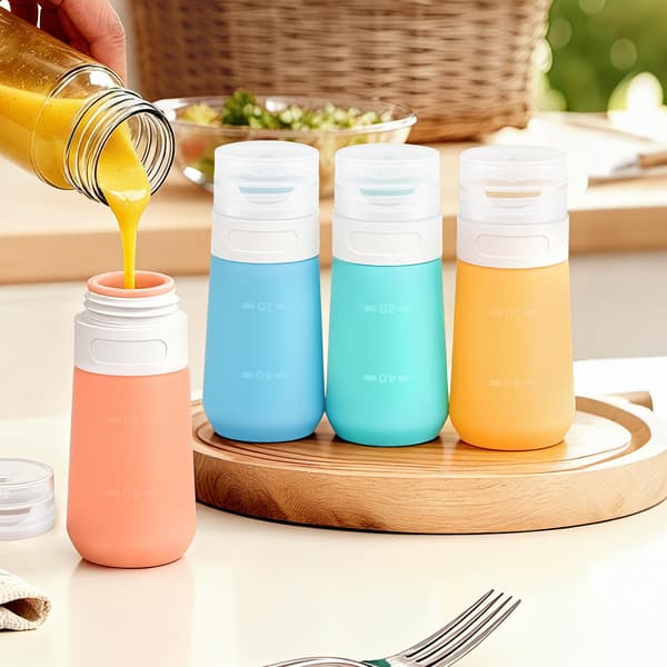 Kryddflaskor för såser, 60 ml mini silikon salladsdressingbehållare att ta med, läckagesäker ketchupflaska 4-pack