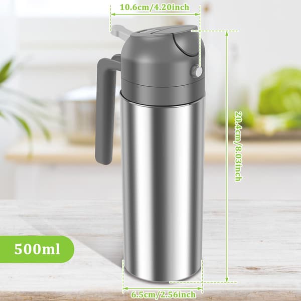 2-i-1 Oliedispenser og Oliesprøjte, Oliedispenserflaske i Rustfrit Stål, 500 ml Oliesprøjte til Madlavning, Fødevaregodkendt Oliemister til Airfryer, Stegning