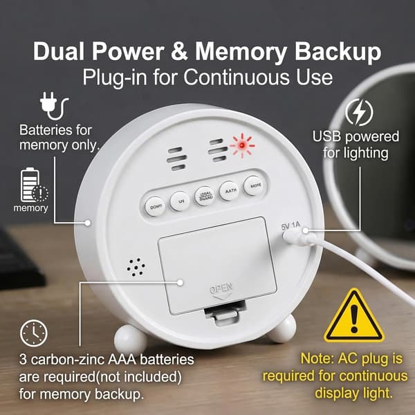 Digital väckarklocka med LED-display, batteri-/USB-driven väckarklocka med snooze (vit) white