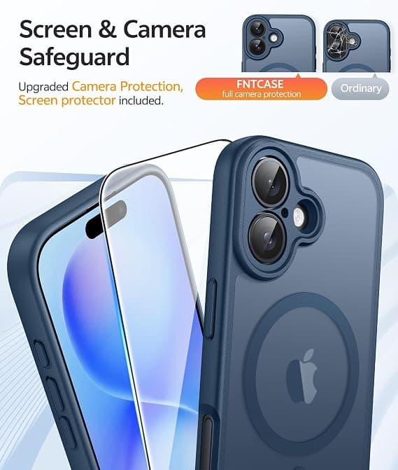 FNTCASE för iPhone 16 Plus Skal med Skärmskydd, MagSafe-kompatibel, Transparent Matt, Militärklassad Stötsäker, Blå Blue