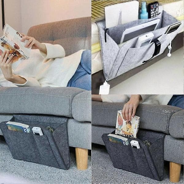 Sengteppe med lommer Seng Sofa Skrivebord Hengende Oppbevaringsorganisator for Telefon Avis Lys Grå Light Grey