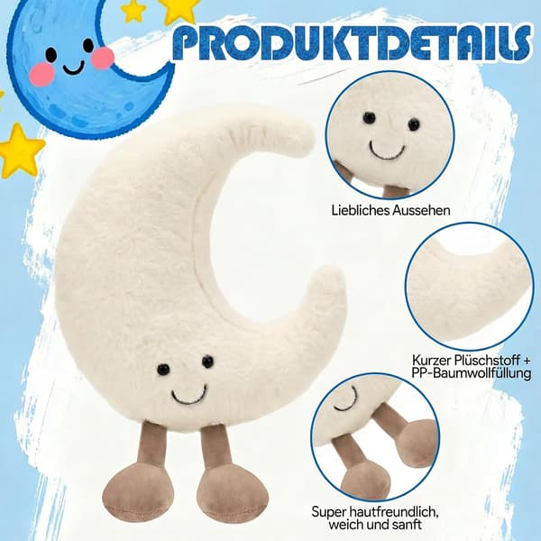 Månepute - Søt kosepute, myk månebamse, dekorative puter, stresslindring (30 cm)