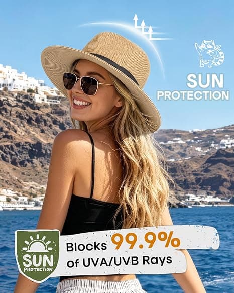 Solhattar för kvinnor män justerbar sommar Panama Fedora bred brätte, vikbar packbar stråstrandhatt