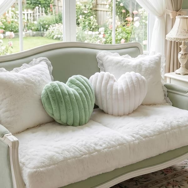 2-pak hjertepuder hvide grønne puder bløde dekorative pyntepuder | 41*34cm, vaskbare, søde fluffy puder til soveværelse stue boligindretning white+green