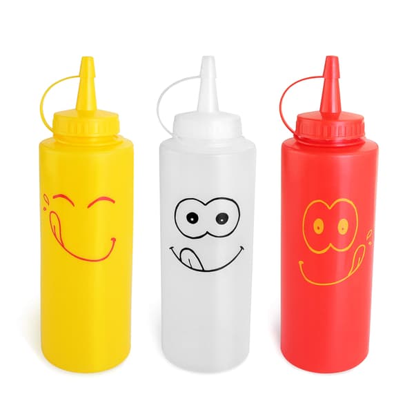 Smiley Faces klämflaska set, plast, röd, gul och klar, 355 ml