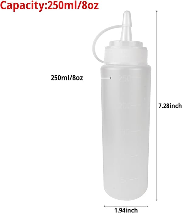 Plastflaskor med munstyckslock, 250 ml återanvändbara flaskor för kryddor, lämpliga för senap, olivolja, sylt, ketchup (250 ml)