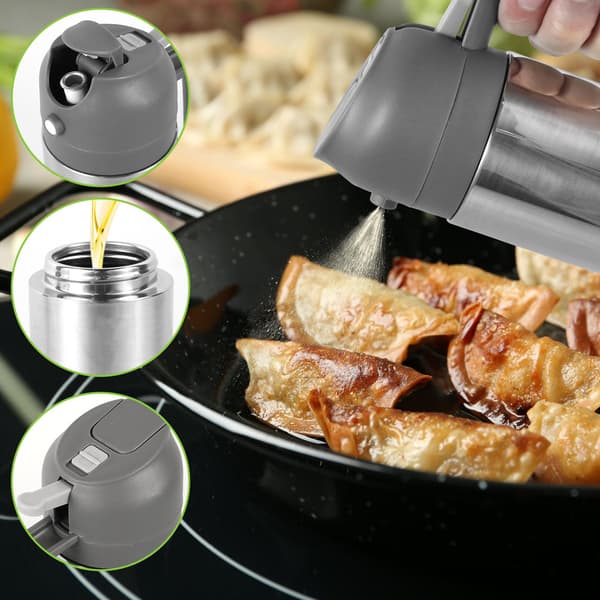 2-i-1 Oliedispenser og Oliesprøjte, Oliedispenserflaske i Rustfrit Stål, 500 ml Oliesprøjte til Madlavning, Fødevaregodkendt Oliemister til Airfryer, Stegning