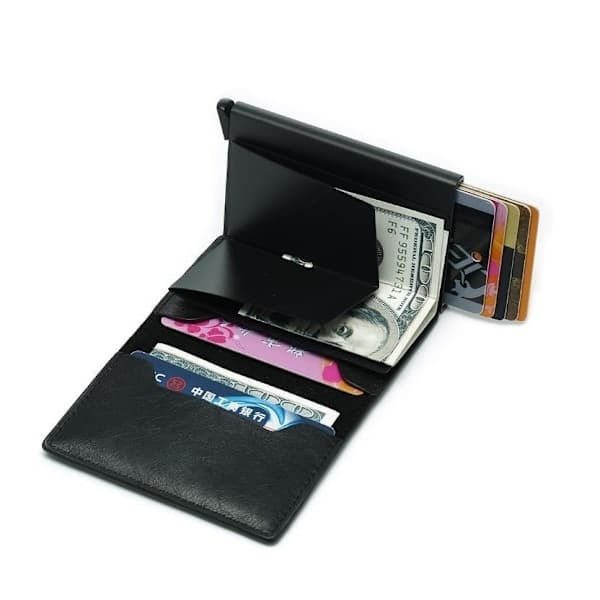 RFID-säker korthållare i läderjacka, kastar ut 8 kort, anpassad brun brown