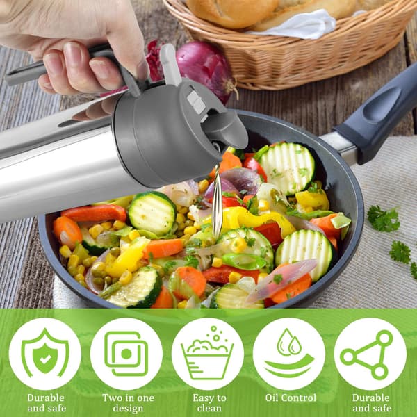 2-i-1 Oliedispenser og Oliesprøjte, Oliedispenserflaske i Rustfrit Stål, 500 ml Oliesprøjte til Madlavning, Fødevaregodkendt Oliemister til Airfryer, Stegning