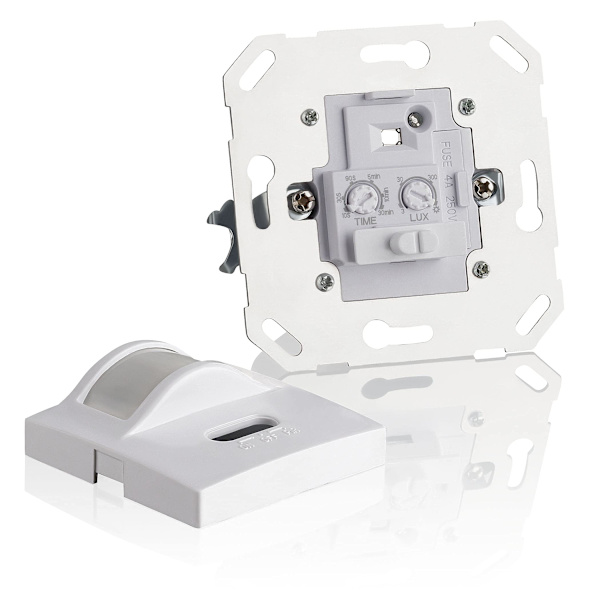 Innendørs bevegelsessensor, innfelt veggmontering, tilpasset LED, infrarød sensor, programmerbar, rekkevidde 9m/160°, 3 ledninger