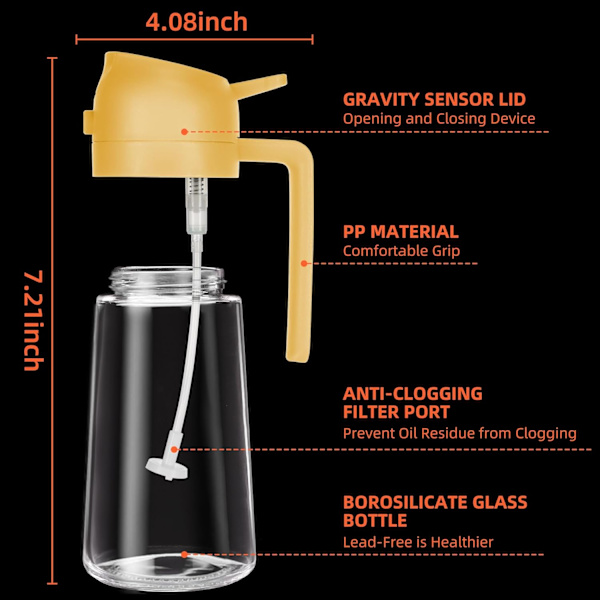 47 cl Oliedispenserflaske til køkkenet - 2-i-1 Olivenoliedispenser og oliesprøjte - 470 ml Olivenolieflaske - (Orange) Orange