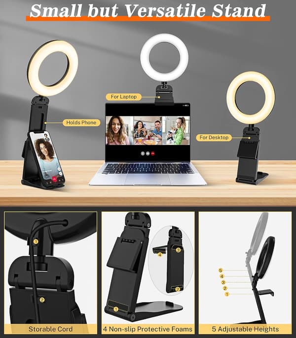 5'' Laptop Selfie Ring Light med Stativ - Mini LED Desktop Telefon Ring Light med 5 Dæmpbare Tilstande & 10 Lysstyrkeniveauer til Makeup Streaming Webcam