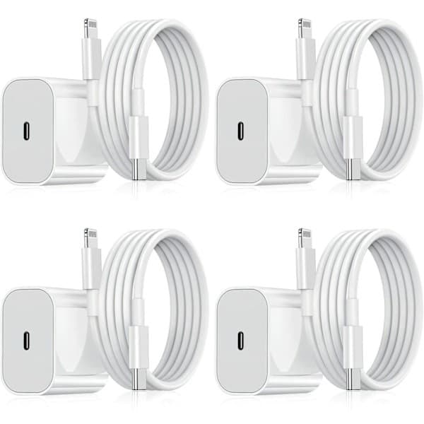 4-pak iPhone-oplader, 20W Lightning-strømadapter + 2m kabel, hvid 4-pak Lightning 4-Pack