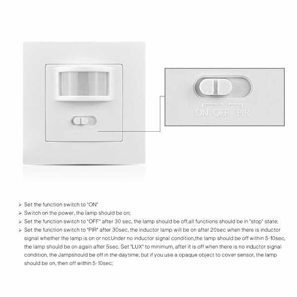 Innendørs bevegelsessensor, innfelt veggmontering, tilpasset LED, infrarød sensor, programmerbar, rekkevidde 9m/160°, 3 ledninger