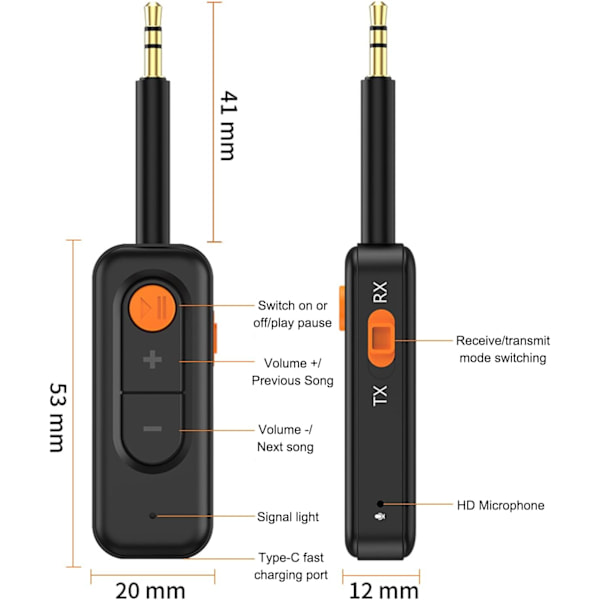 Bluetooth Transmitter Receiver 2-i-1 Bluetooth 5.4 Lydadapter, Mini Trådløs 3.5mm AUX Bluetooth Adapter