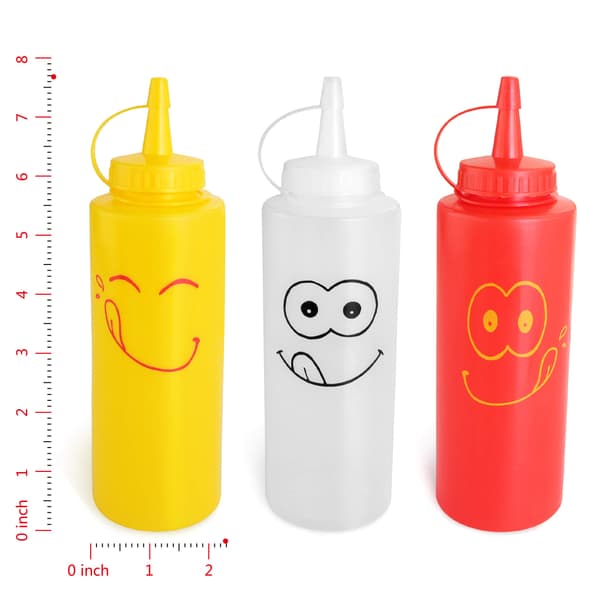 Smiley Faces klämflaska set, plast, röd, gul och klar, 355 ml
