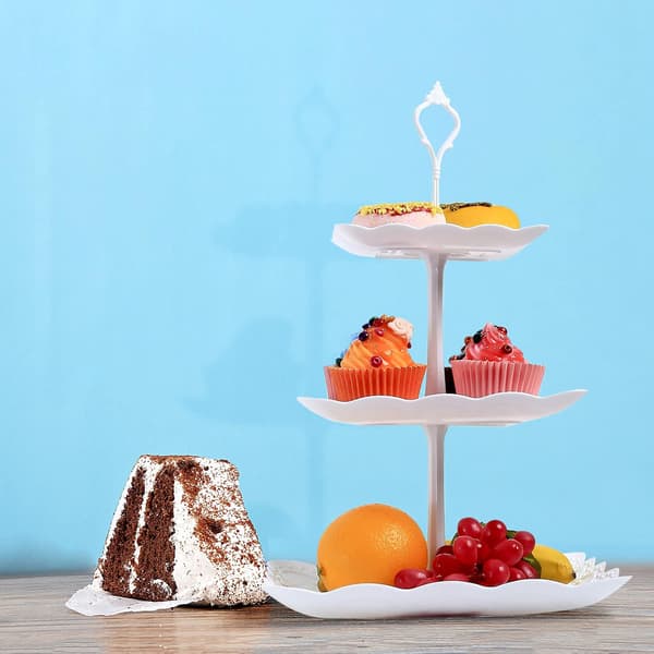 3-lags kakestativ, hvite ettermiddagste-stativ, firkantede kakefrukt-dessertserveringsfat i plast, gjenbrukbart matserveringsstativ