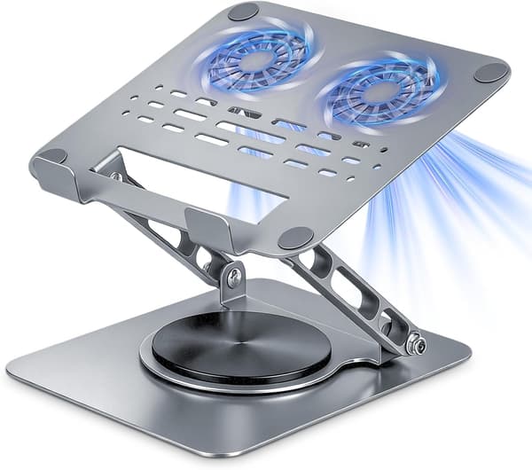 Bærbar kølestander med blæser, ergonomisk justerbar bærbar kølestander med 360° rotation, foldbar bærbar hæver til bærbare computere og tablets (sølv)