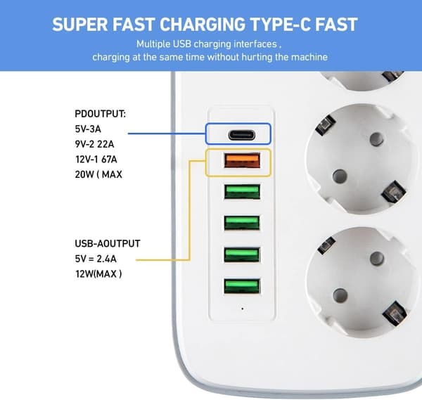 Multistikdåse med USB, 3-stikdåse med 5 USB-stik og 1 USB-C til skrivebord med afbryder, 2 meter forlængerledning, adapter