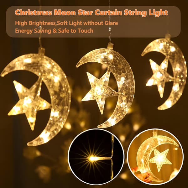 Ramadan Gardinlys Stjerner Måne, 3,5M LED Ramadan Lyslenke, 8 Moduser Ramadan Gardinlys Batteri/USB, Ramadan Dekor
