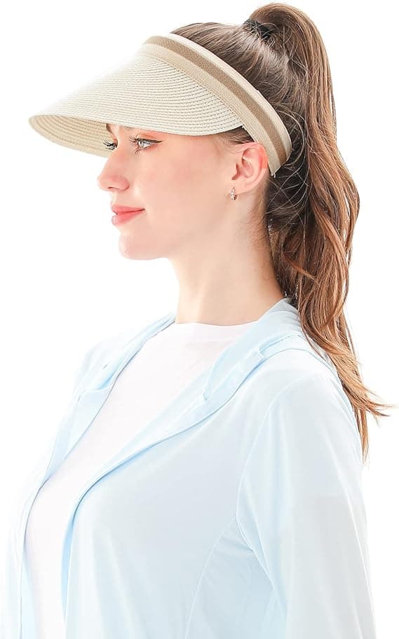 Kvindesolhat med bred skygge i strå til strand og golf - Sommerhat white