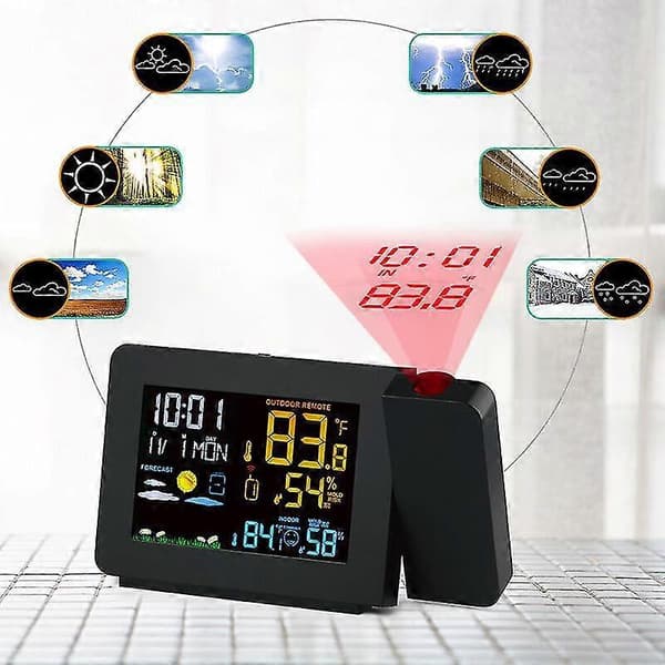 Projektionsväckarklocka med Inbyggd Trådlös Utomhussensor och Väderstation Dubbla Alarm för Sovrum Stöder LCD-Display Datum Tid