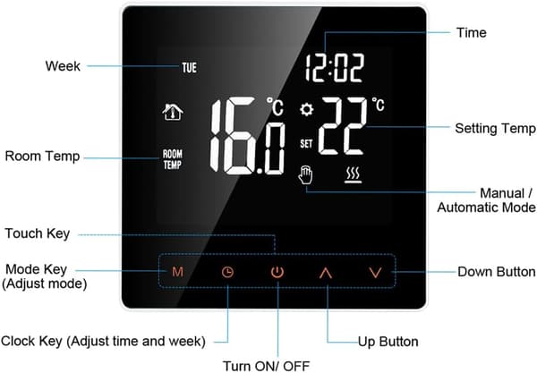 16A Digital Termostat, LCD-display, Touch Screen, Programmerbar, för Hem, Skola, Kontor, Hotell, Vit
