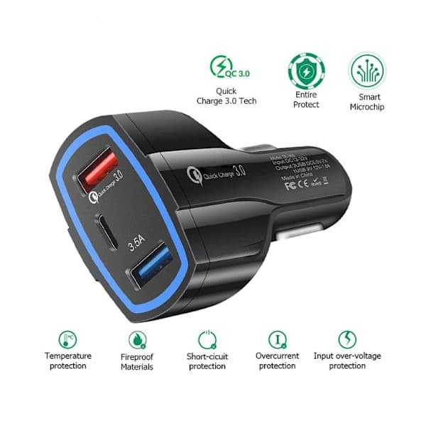 Billaddare Snabbladdning PD, USB-C med dubbla USB-portar, Snabbladdningsadapter Svart 2-pack 2-Pack