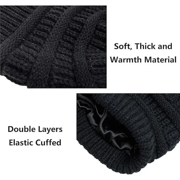 Varm strikket vinterhue med satinfor, kabelstrikket hue, tyk slouchy hue til kvinder, sort