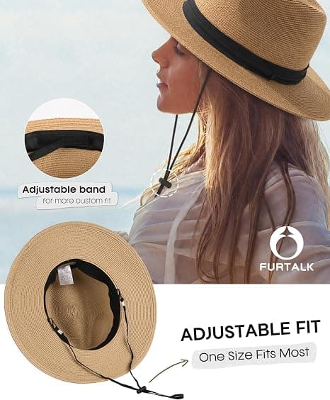 Solhattar för kvinnor män justerbar sommar Panama Fedora bred brätte, vikbar packbar stråstrandhatt