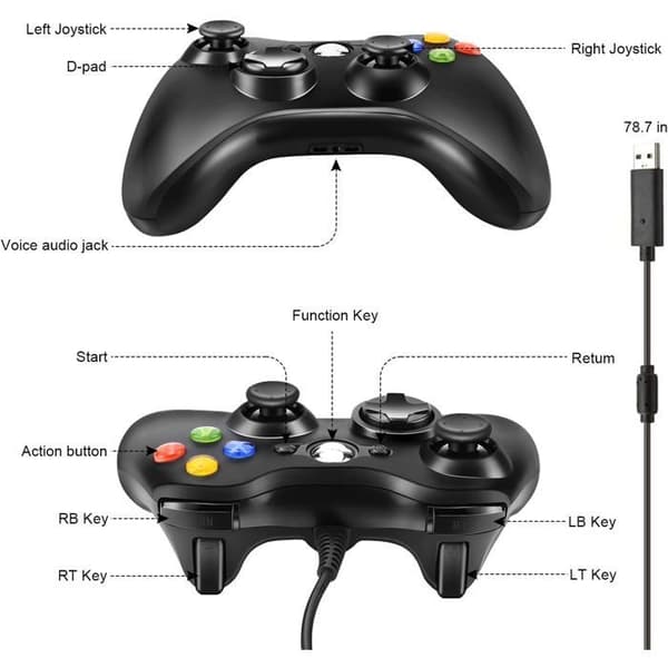 Kablet Xbox 360-kontroller med USB og dobbel vibrasjonsfunksjon, kompatibel med PC, Xbox 360 og Windows-systemer.