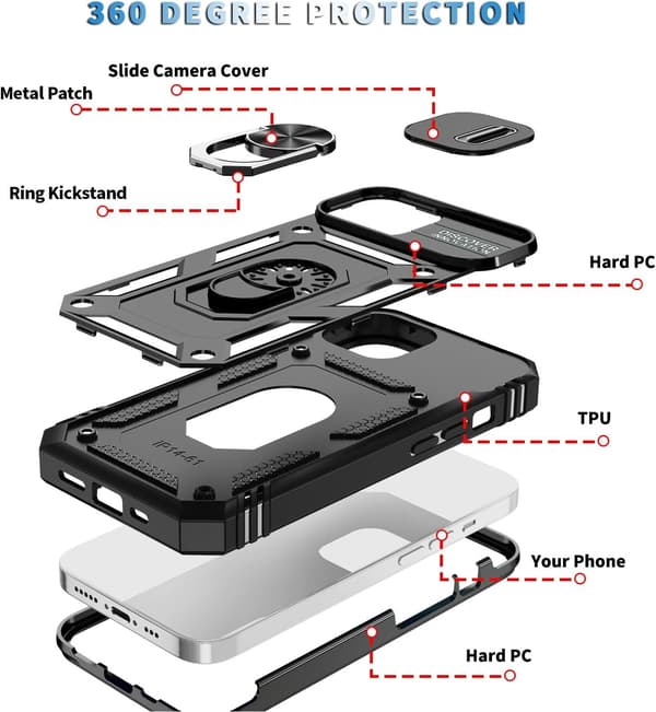 (Svart) 1. iPhone 15-deksel, kamerahus med roterende ringholder for Apple iPhone 15