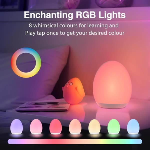 Nattlys, egglys til barnerom med 7 utskiftbare RGB-farger og trinnløs dimming, oppladbart trykklys med 1-times timer og berøringskontroll