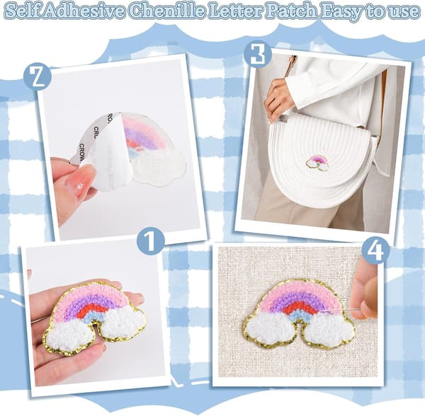 4 STK Chenille Regnbue-lapper for klær Stofflapper Selvklebende Broderte lapper for klær, stoff, sko, vesker DIY-tilbehør