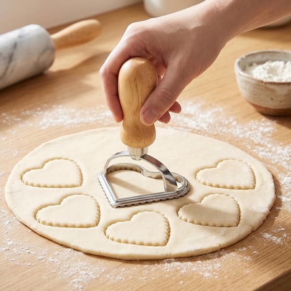 Kakeformer i rustfritt stål med trehåndtak, tilpasset preget kjeksstempel for baking, holdbare kakedekorasjonsverktøy (hjerteformet)