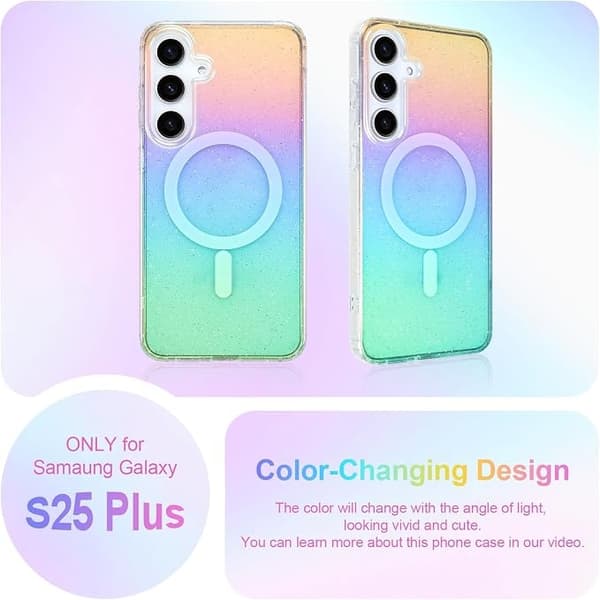 Samsung Galaxy S25 Plus Glitterdeksel for kvinner og jenter, MagSafe-kompatibel, Klart iriserende regnbueglitrende blingdeksel, Gradientfarge Iridescent Glitter