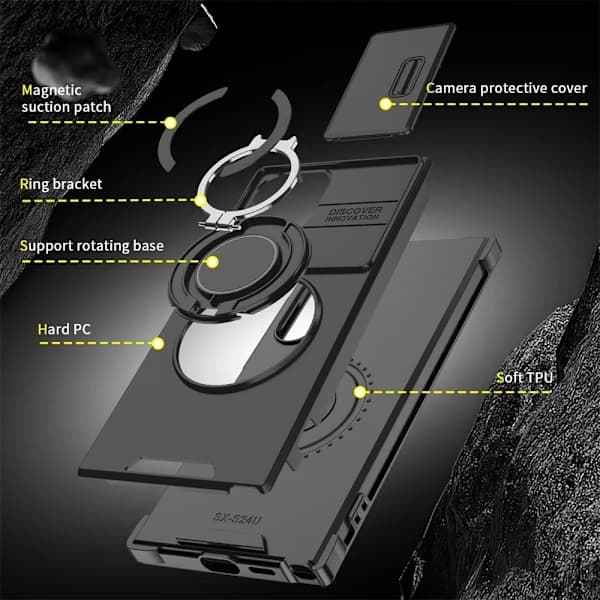 Telefonfodral med skjutbart kameralock och magnetiskt stativ för Samsung S24FE