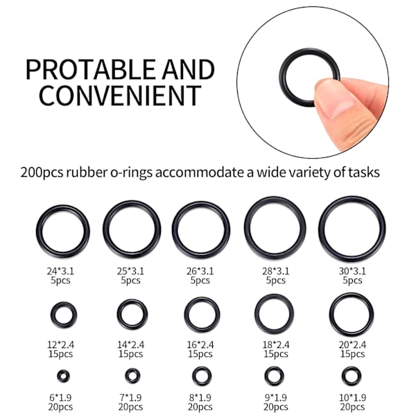 200 stk. O-ringe, 15 størrelser gummi, O-ring til VVS-isolering af rørforsegling