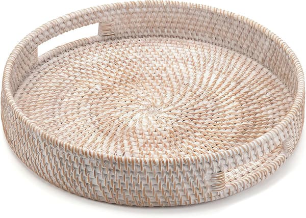 30 cm rund rottingbricka, handvävd serveringsbricka med handtag, flätad serveringskorg, dekorativ bricka för heminredning, vitkalkad 30cm white