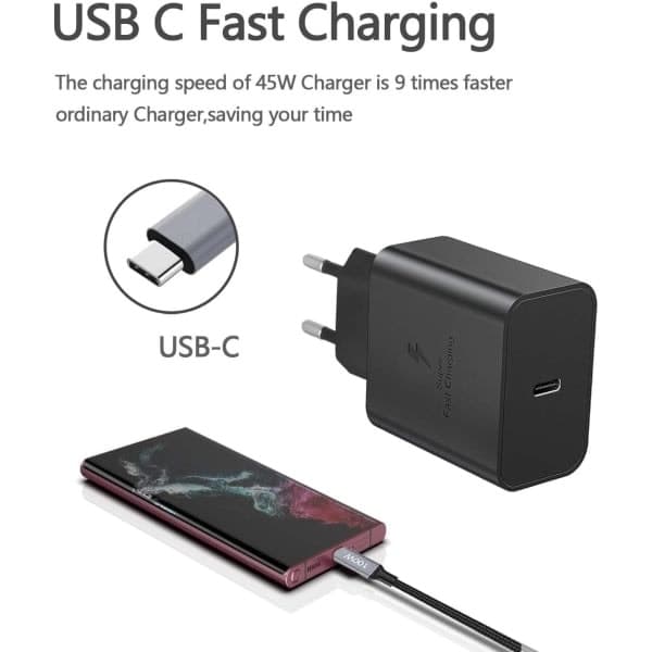 (Særtilbud) Hurtigoplader 45W til Samsung USB-C +1m USB C kabel sort