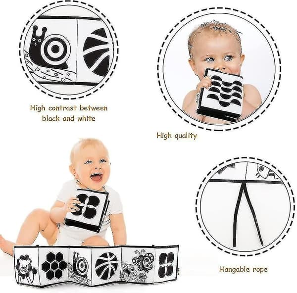 Svart och vit högkontrast sensoriska babyleksaker Mjuk babybok för tidig utbildning, spädbarnsmageleksaker