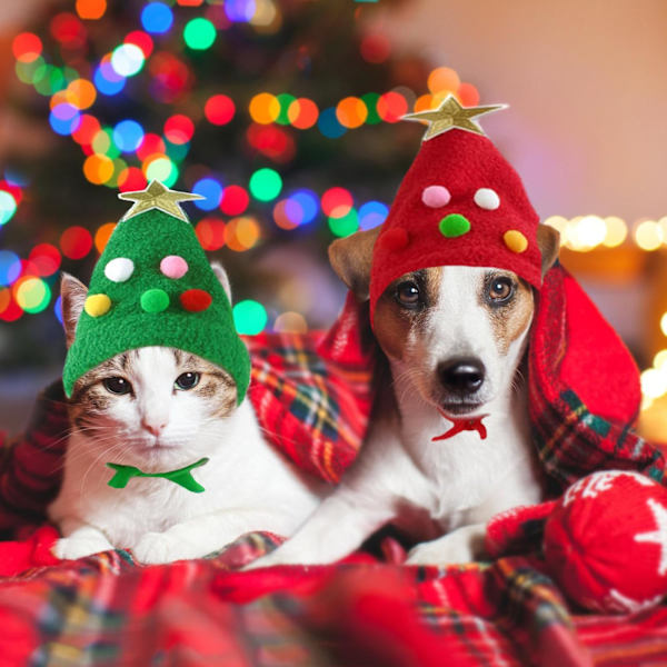 Julehat til hunde, Julehat til katte, Julehat til kæledyr, med søde pomponer, Julehat til hunde og katte, til kæledyr (rød)