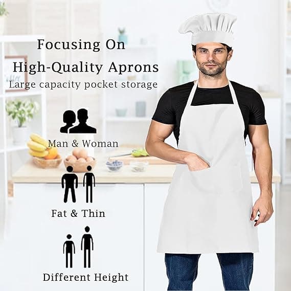 Kjøkkenforkle, justerbart kokkeforkle med 2 lommer, forkle for kvinner og menn, baking, hagearbeid, grilling, profesjonelt forkle (hvitt) white