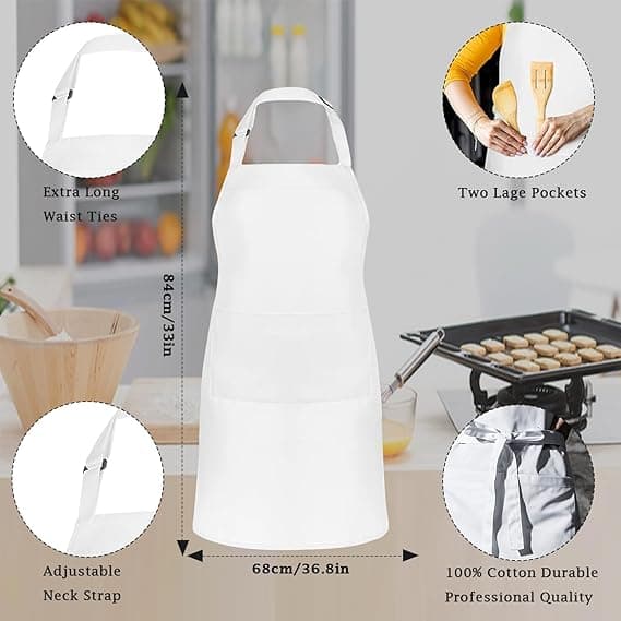 Kjøkkenforkle, justerbart kokkeforkle med 2 lommer, forkle for kvinner og menn, baking, hagearbeid, grilling, profesjonelt forkle (hvitt) white