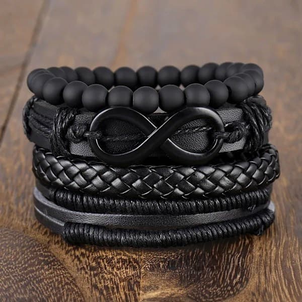 4-pack Handgjorda Armband Herrarmband i Läder Svart