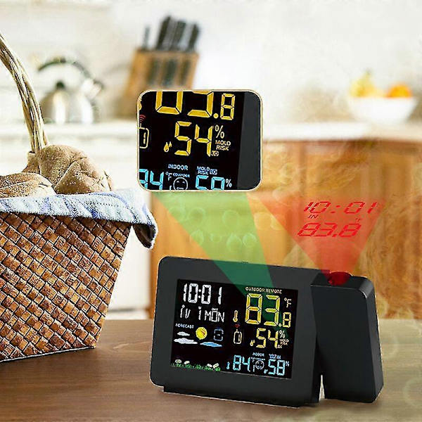 Projektionsväckarklocka med Inbyggd Trådlös Utomhussensor och Väderstation Dubbla Alarm för Sovrum Stöder LCD-Display Datum Tid