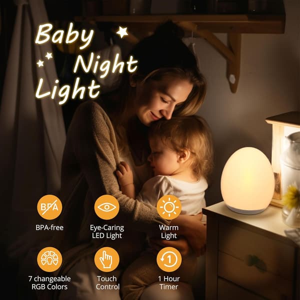 Nattlys, egglys til barnerom med 7 utskiftbare RGB-farger og trinnløs dimming, oppladbart trykklys med 1-times timer og berøringskontroll