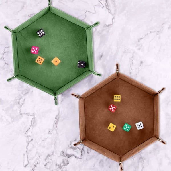 terningbakker sekskant terning foldebakke PU læder fløjlsholderbakke til RPG DND og andre brætspil (grøn, kamel)