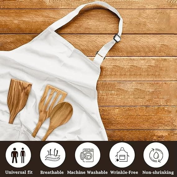 Kjøkkenforkle, justerbart kokkeforkle med 2 lommer, forkle for kvinner og menn, baking, hagearbeid, grilling, profesjonelt forkle (hvitt) white