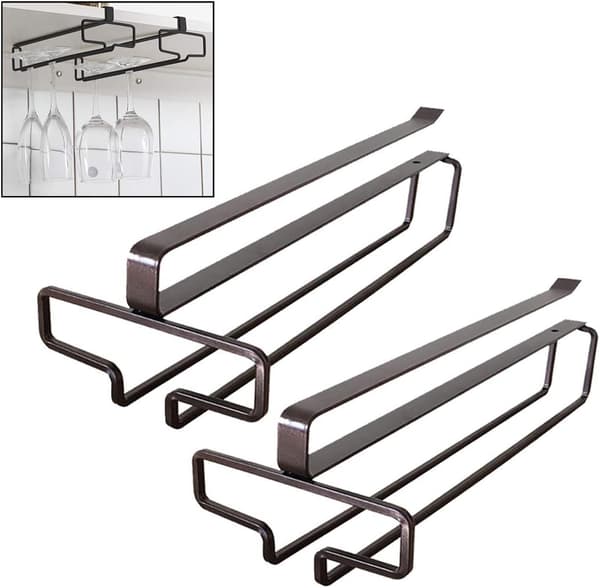 Hengende vinglassholder i metall, vinstativ under skap, montering, rommer opptil 4 glass, 2-pakning, brun